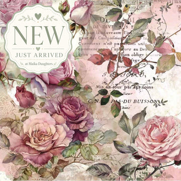 Dusty Velvet Mauve rose decoupage paper set with soft pink roses, French script, and vintage botanical details and with 'NEW' just arrived text overlay