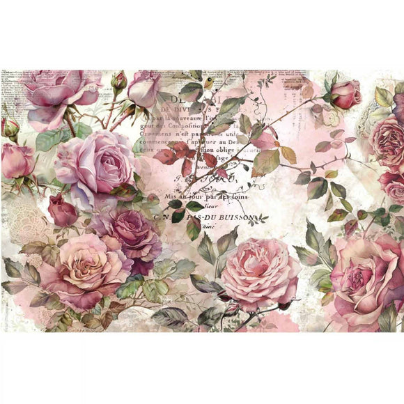 Dusty Velvet Mauve rose decoupage paper set with soft pink roses, French script, and vintage botanical details.