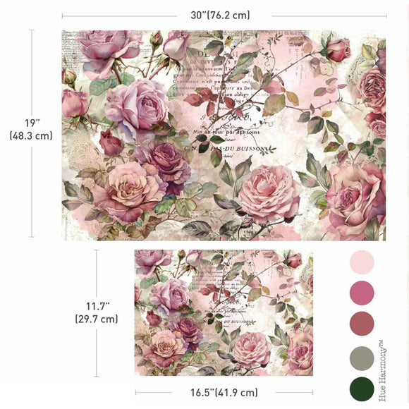 Dusty Velvet Mauve decoupage paper size guide with 30 inch and 16.5 inch sheets and soft mauve color palette