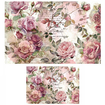Dusty Velvet Mauve decoupage paper set showing the same rose design in two coordinating sheet sizes
