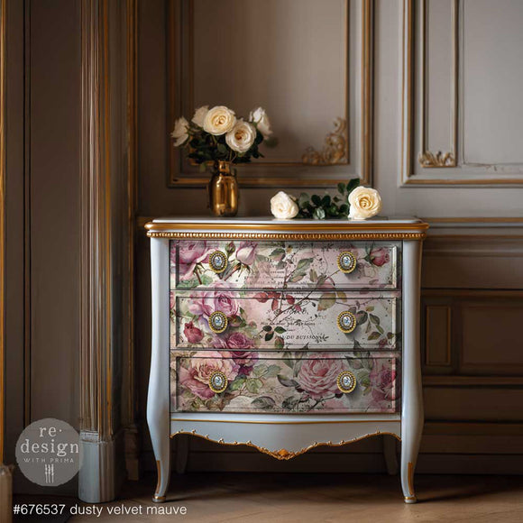 Dusty Velvet Mauve rose decoupage paper used on a painted dresser for a romantic furniture makeover