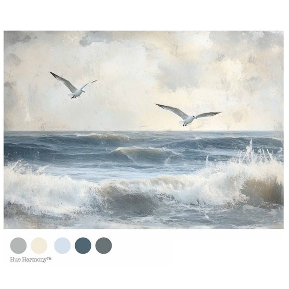 Echoes on the Water decoupage paper color palette with soft gray, cream, pale blue, deep blue, and charcoal tones