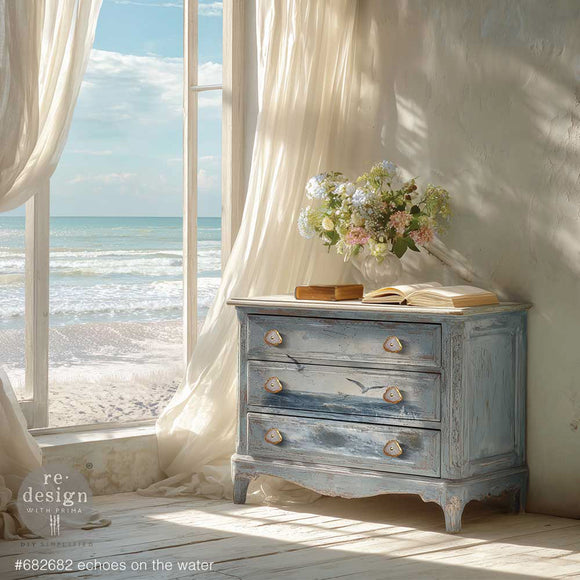 Coastal dresser makeover using ReDesign with Prima Echoes on the Water decoupage paper with ocean and seagull design