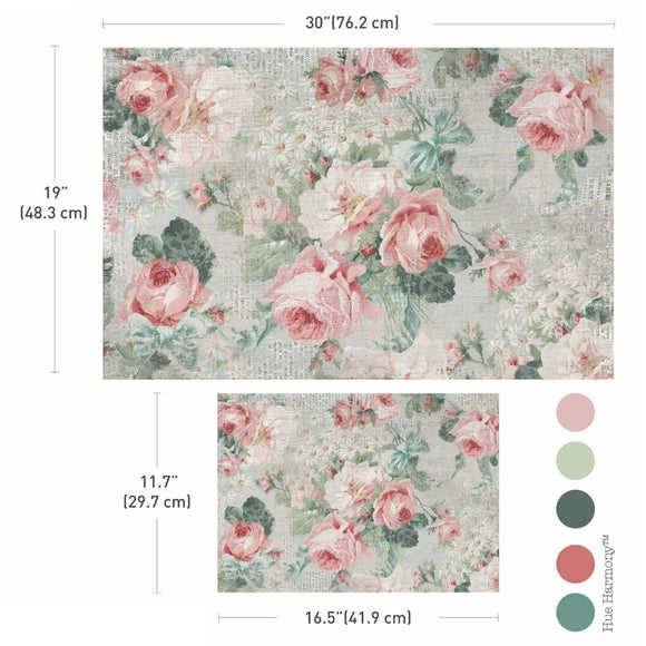 Pink Blossom Bliss decoupage paper size guide with 30 inch and 16.5 inch sheets and blush green color palette