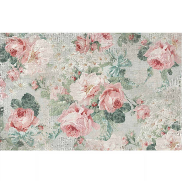 Pink Blossom Bliss rose decoupage paper design with pale aqua accents, blush florals, and vintage texture