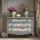 Pink Blossom Bliss rose decoupage paper used on a blue painted dresser for a romantic furniture makeover