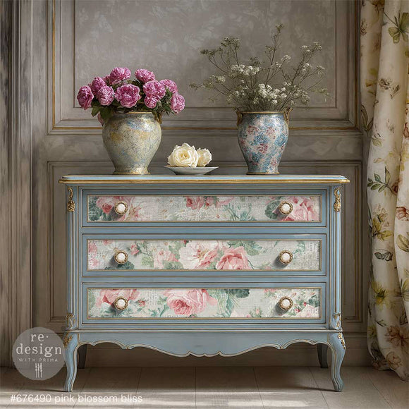 Pink Blossom Bliss rose decoupage paper used on a blue painted dresser for a romantic furniture makeover