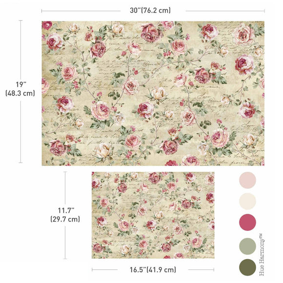 Timeless Charm decoupage paper size guide with 30 inch and 16.5 inch sheets and soft pink neutral color palette
