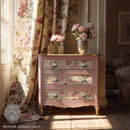 Timeless Charm rose decoupage paper used on a painted dresser for a soft vintage furniture makeover