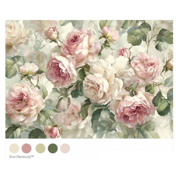 Velvet Bloom decoupage paper color palette with blush pink, cream, sage green and soft vintage floral tones