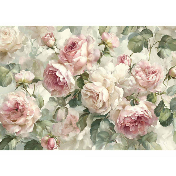 Velvet Bloom A1 fiber decoupage paper by ReDesign with Prima featuring romantic pink roses for furniture makeovers