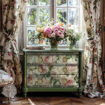 Painted dresser makeover using ReDesign with Prima Velvet Bloom floral decoupage paper with pink roses
