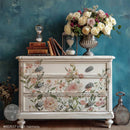 Blush Harmony rub-on transfer on dresser drawers—pink florals on dark painted furniture
