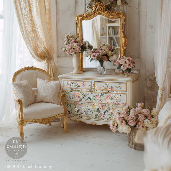Blush Harmony floral transfer on pink dresser for shabby chic and French decor furniture makeover