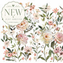 Close-up of Blush Harmony rub-on furniture transfer showing blush flowers, cream blooms, and botanical leaves