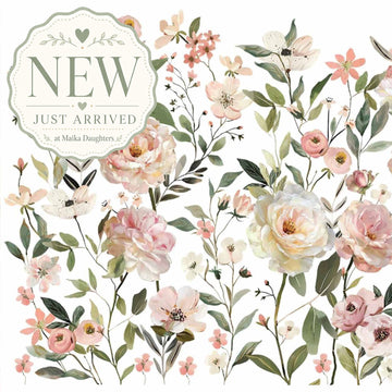 Close-up of Blush Harmony rub-on furniture transfer showing blush flowers, cream blooms, and botanical leaves