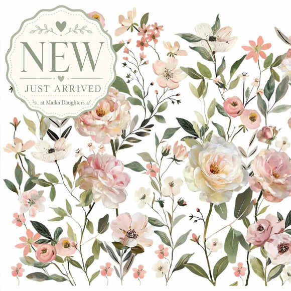 Close-up of Blush Harmony rub-on furniture transfer showing blush flowers, cream blooms, and botanical leaves