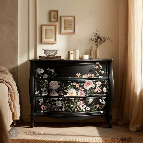 Blush Harmony rub-on transfer on dresser drawers—pink florals on dark painted furniture