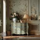 ReDesign with Prima Jardin Secret furniture transfer applied to a sage green French country dresser with floral wallpaper, gold knobs, and romantic vintage cottage decor.