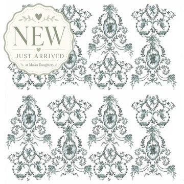 ReDesign with Prima Jardin Secret 24x35 furniture transfer with sage green French toile cherubs, botanical scrollwork, cameo medallions, ribbons, and floral details.