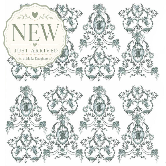 ReDesign with Prima Jardin Secret 24x35 furniture transfer with sage green French toile cherubs, botanical scrollwork, cameo medallions, ribbons, and floral details.