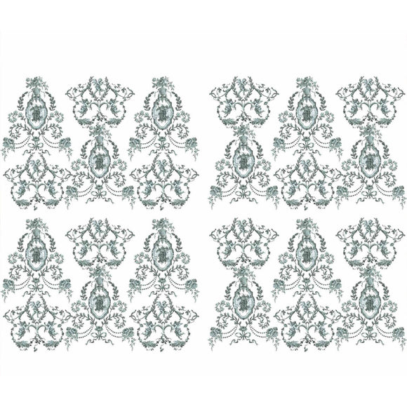 Full sheet of ReDesign with Prima Jardin Secret furniture transfer showing repeating sage green French toile medallions, cherubs, vines, flowers, and ornate vintage motifs.
