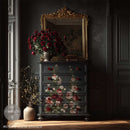 Scarlet Embrace floral transfer on a dark painted dresser with dramatic red roses for moody romantic decor
