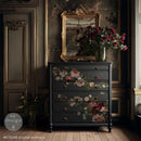 Scarlet Embrace transfer on a tall cabinet or armoire door with vertical rose vine placement
