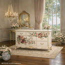 Scarlet Embrace floral transfer used as a statement band across dresser drawers with red and blush roses
