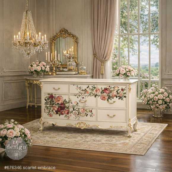 Scarlet Embrace floral transfer used as a statement band across dresser drawers with red and blush roses