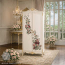 Scarlet Embrace transfer on a white dresser front with rose garlands across drawers for a shabby chic makeover
