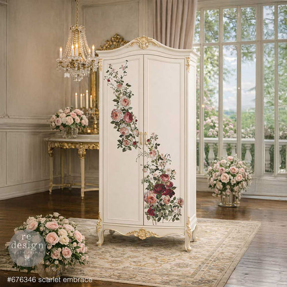 Scarlet Embrace transfer on a white dresser front with rose garlands across drawers for a shabby chic makeover