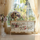 Scarlet Embrace furniture transfer applied to an elegant white dresser in a romantic vintage decor room