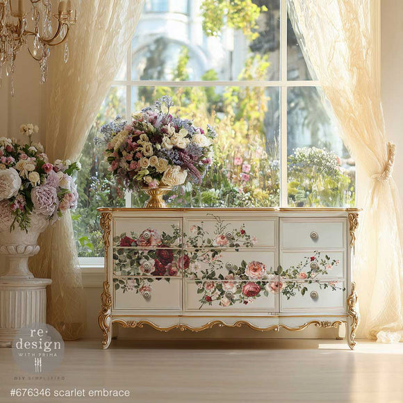 Scarlet Embrace furniture transfer applied to an elegant white dresser in a romantic vintage decor room