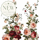 Closeup detail of Scarlet Embrace rub-on furniture transfer showing layered rose petals, leaves, and delicate blossoms