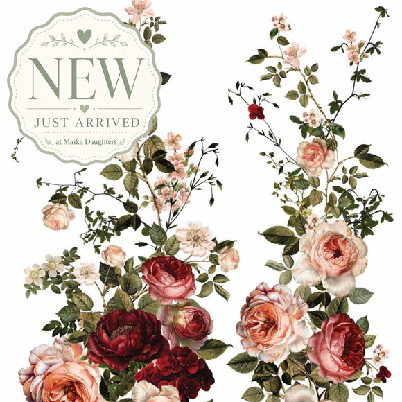 Closeup detail of Scarlet Embrace rub-on furniture transfer showing layered rose petals, leaves, and delicate blossoms