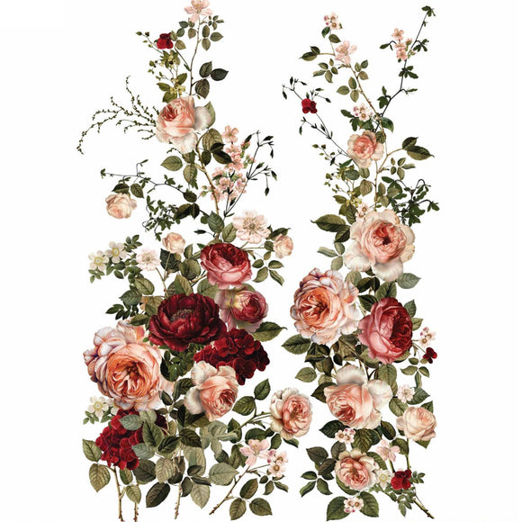 Scarlet Embrace transfer design close view of cascading rose vines and vintage botanical florals for furniture makeovers