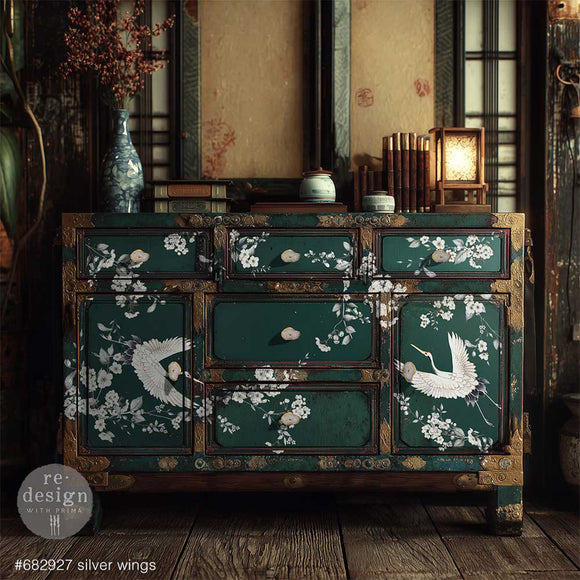 Vintage green cabinet with Silver Wings bird and botanical rub-on furniture transfer by ReDesign with Prima