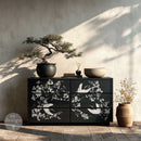 Black dresser makeover with ReDesign with Prima Silver Wings crane and floral furniture transfer
