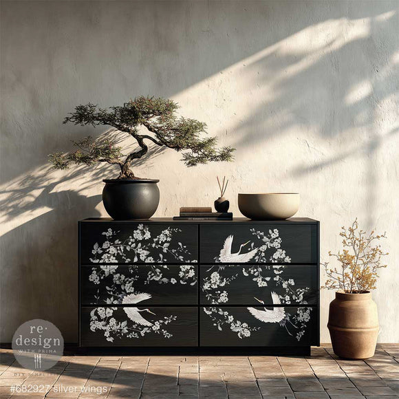 Black dresser makeover with ReDesign with Prima Silver Wings crane and floral furniture transfer
