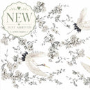 ReDesign with Prima Silver Wings furniture transfer close-up with white cranes, floral branches, and botanical details