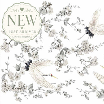 ReDesign with Prima Silver Wings furniture transfer close-up with white cranes, floral branches, and botanical details