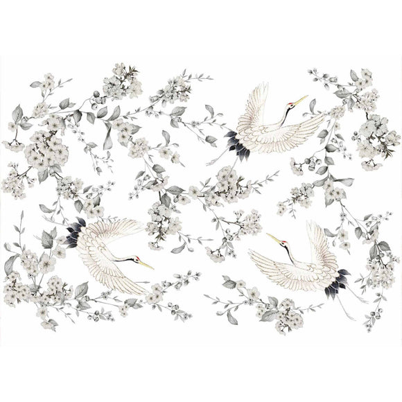 Full Silver Wings 24x35 furniture transfer design with flying cranes, white flowers, and delicate leafy branches