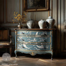 Blue French style dresser decorated with ReDesign with Prima Silver Wings floral crane furniture transfer
