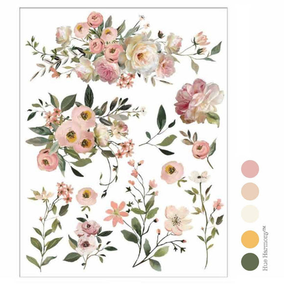 Blush Reverie floral rub-on transfer sheet with soft pink roses, cream flowers, greenery, and small botanical accents