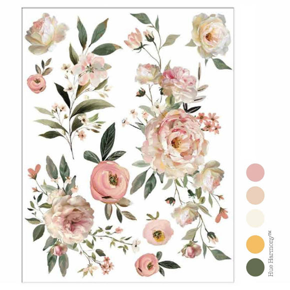 Blush Reverie rub-on craft transfer sheet with delicate pink flowers, botanical sprigs, and vintage floral accents