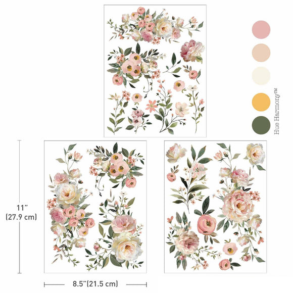 Blush Reverie Middy Transfer set showing three 8.5x11 sheets with blush pink, cream, golden yellow, and green color palette