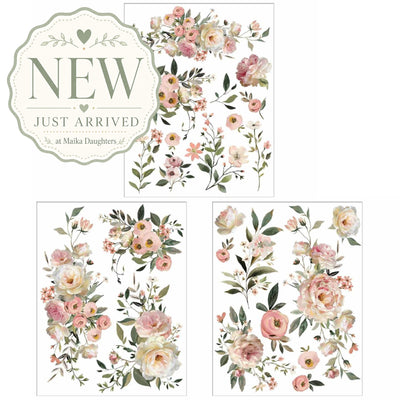 ReDesign with Prima Blush Reverie rub-on transfer set with three 8.5x11 floral transfer sheets in blush pink, cream, and green