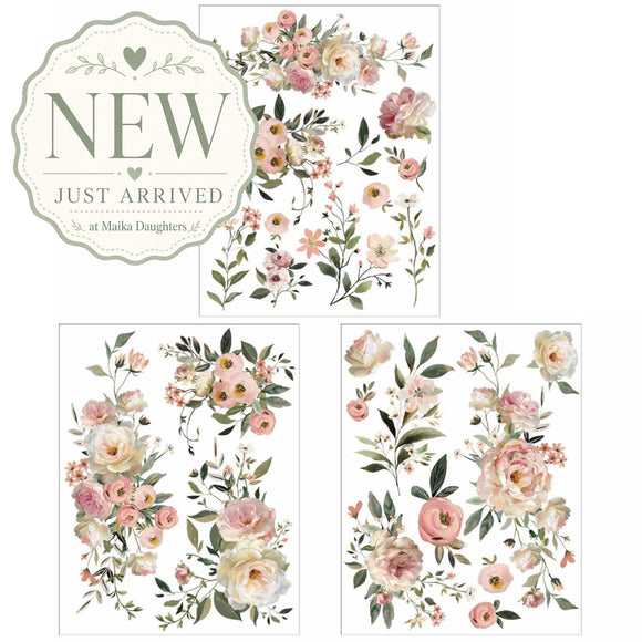 ReDesign with Prima Blush Reverie rub-on transfer set with three 8.5x11 floral transfer sheets in blush pink, cream, and green