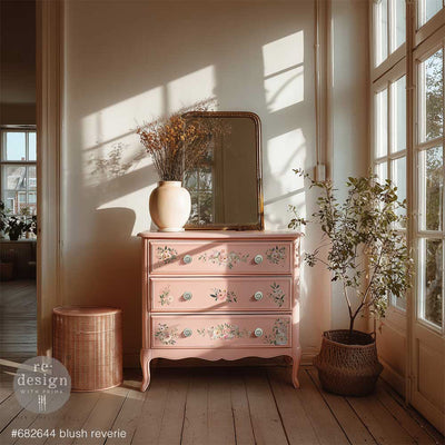 Pink vintage dresser makeover with ReDesign with Prima Blush Reverie floral rub-on transfers on drawer fronts